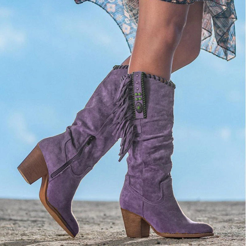 Women's Cowboy Knee High Boots with Block Heel and Wide Fit