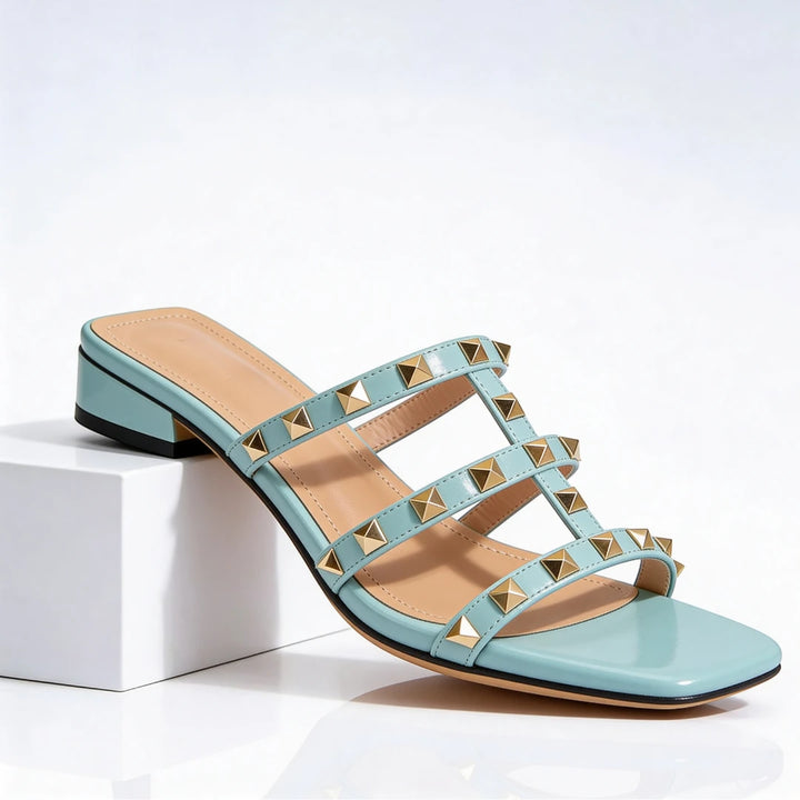 Women's Dressy Block Heel Mules with Strappy Detail and Square Toe