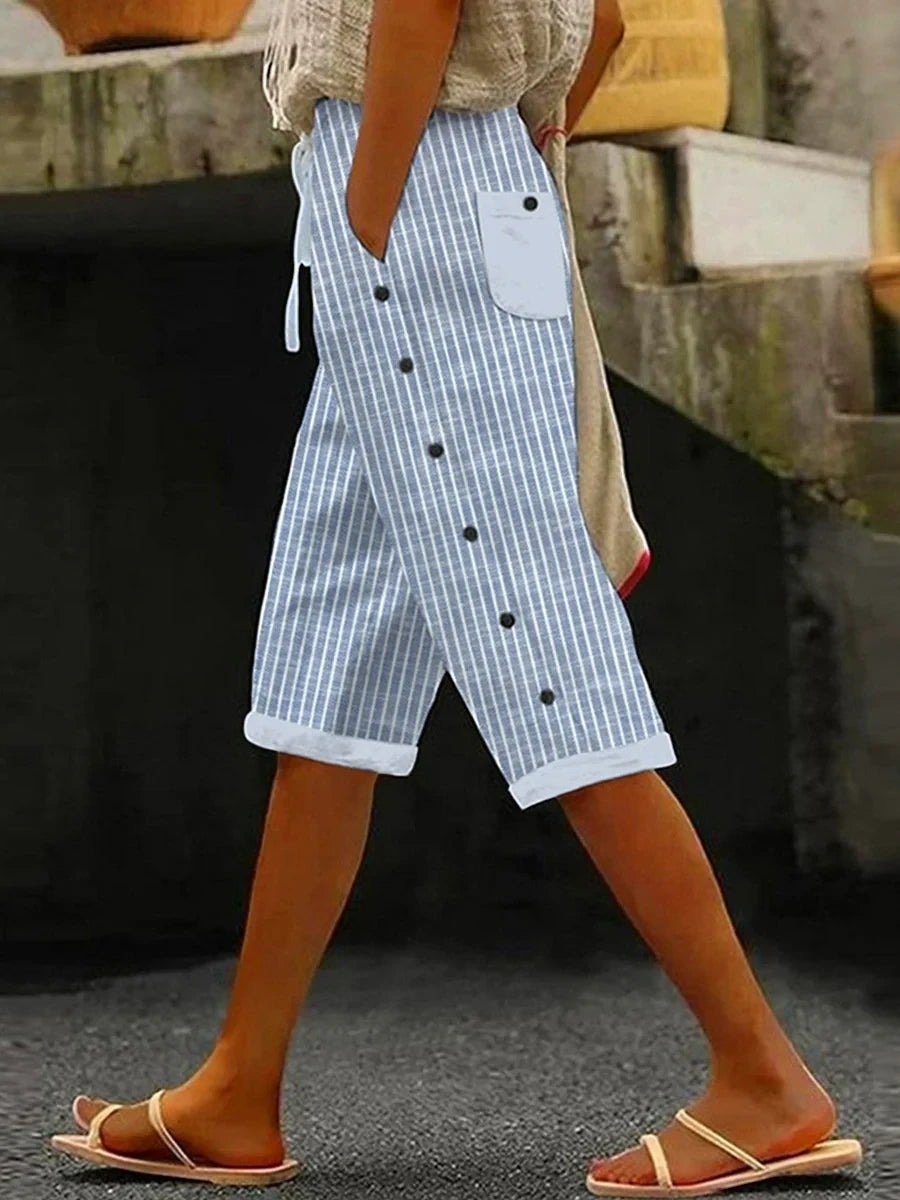 Women's High Waisted Shorts with Side Pockets and Button Detail