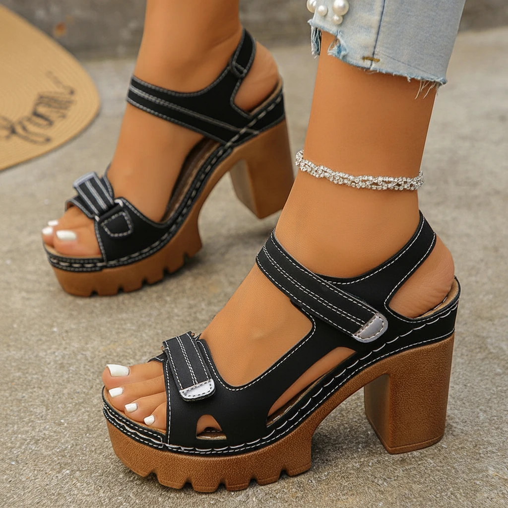 Women's Platform Open Toe Sandals with Velcro Strap and Cushioned Insole