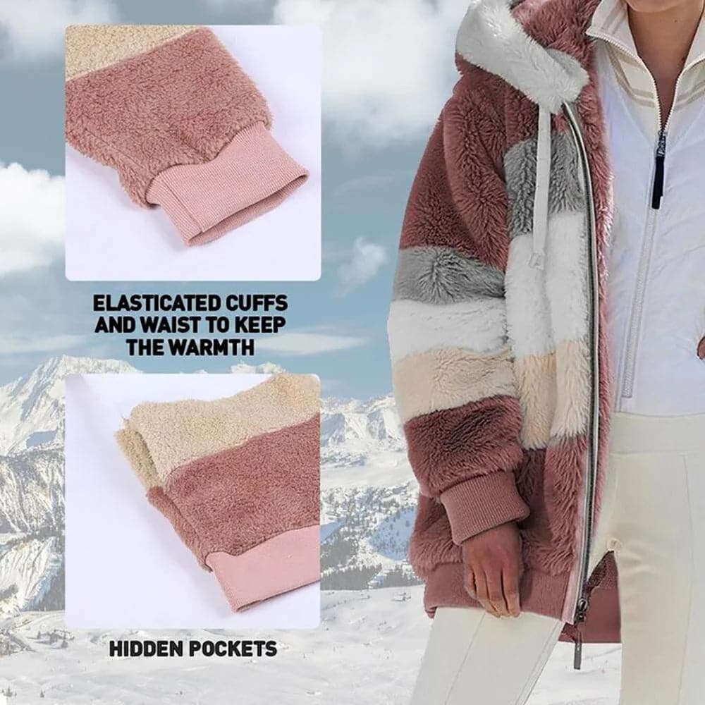 2025 Plush Winter Jacket with Colorblock Hood and Pockets for Women