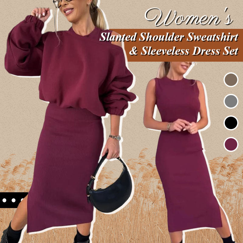 Women's set with off-shoulder, sweatshirt, and sleeveless dress